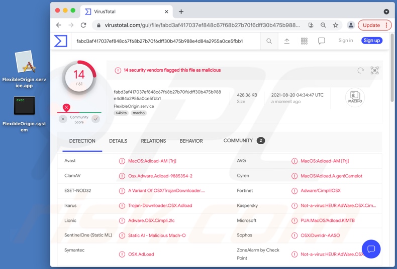 Détections de logiciels publicitaires FlexibleOrigin sur VirusTotal