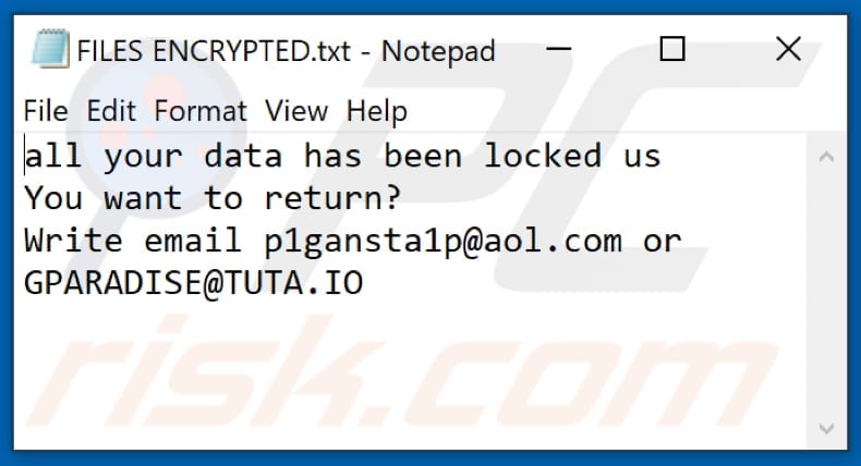 Fichier texte du ransomware GanP (FILES ENCRYPTED.txt)