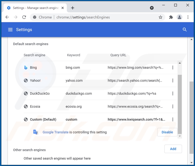 Suppression de kwiqsearch.com du moteur de recherche par défaut de Google Chrome