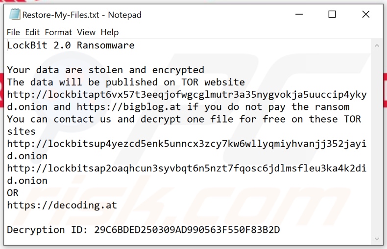 Fichier texte du ransomware LockBit 2.0 (Restore-My-Files.txt)