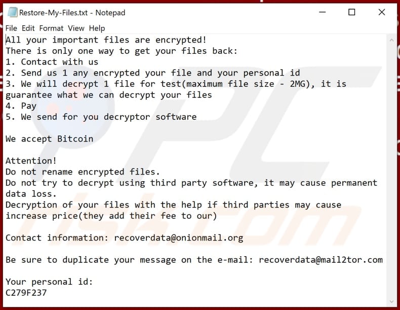 Fichier texte du ransomware Loki Locker (Restore-My-Files.txt)