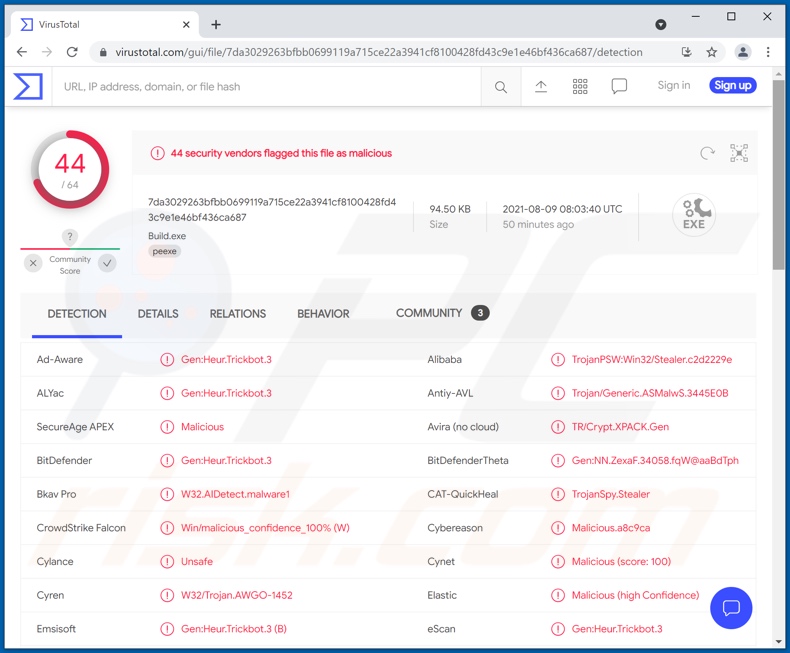 Détections de malwares Mars sur VirusTotal