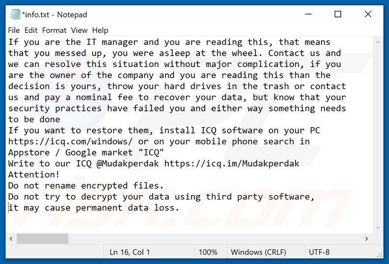 Fichier texte du ransomware PERDAK (info.txt)