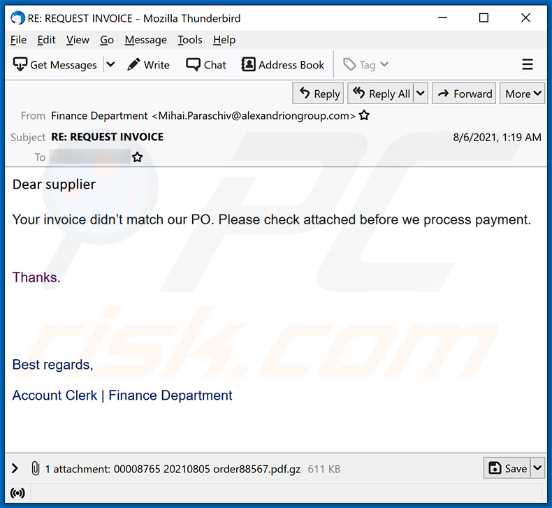 Courriel de spam sur le thème du bon de commande faisant la promotion du logiciel malveillant FormBook
