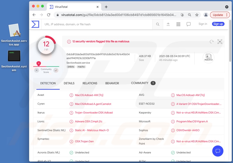 SectionAssist détections de logiciels publicitaires sur VirusTotal