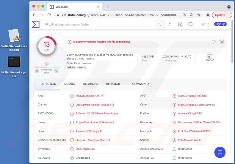 Détections de logiciels publicitaires SkilledRecord sur VirusTotal