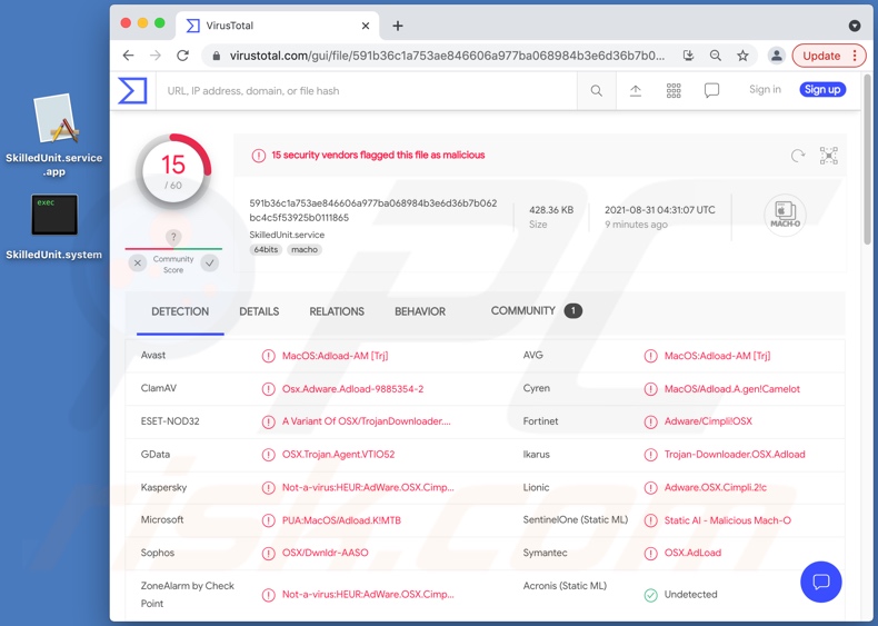 Détections de logiciels publicitaires SkilledUnit sur VirusTotal