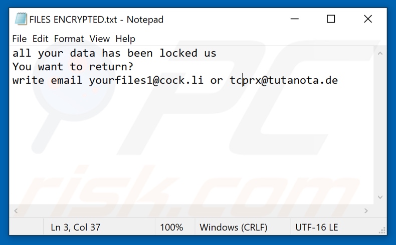 Fichier texte du ransomware TCYO (FILES ENCRYPTED.txt)