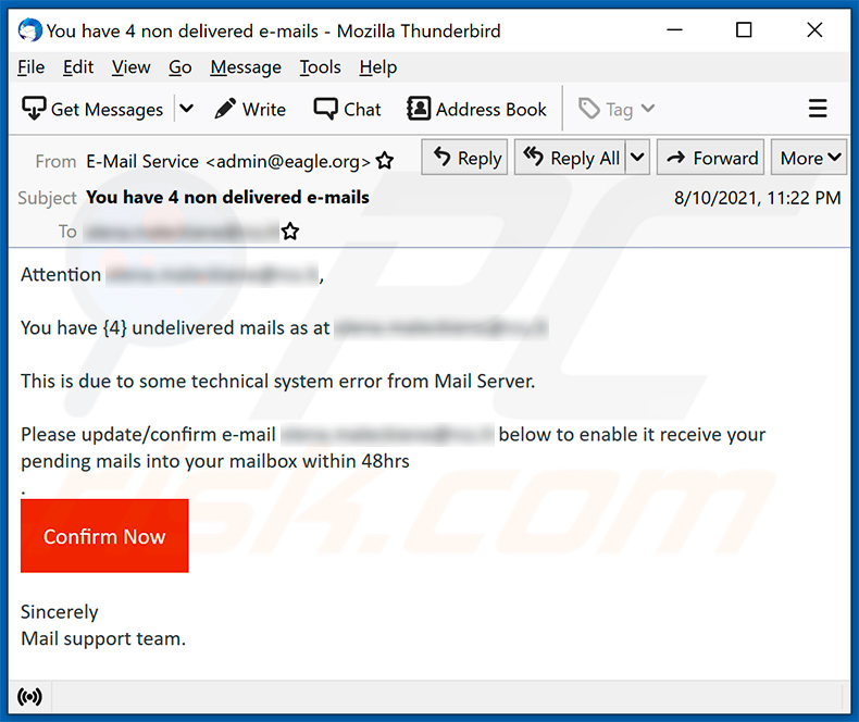 Spam non distribué sur le thème des e-mails (2021-08-13)