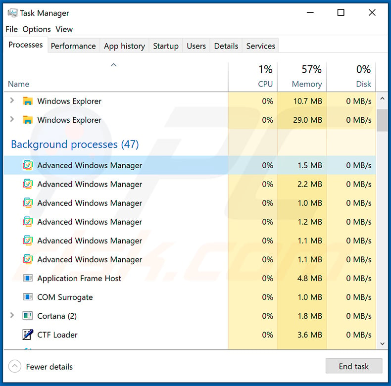 Processus d'adware Windows Manager dans le Gestionnaire des tâches