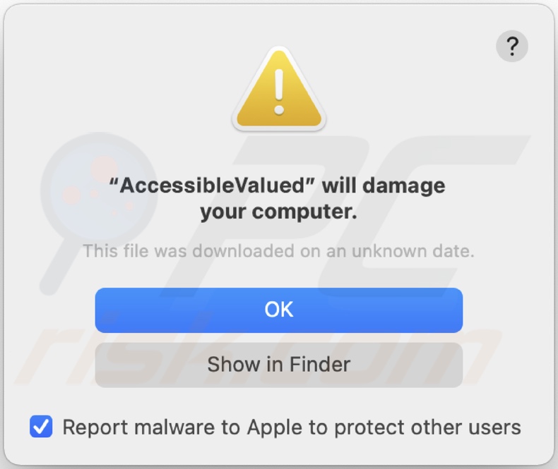 Pop-up affiché lorsque le logiciel publicitaire AccessibleValue est détecté sur le système