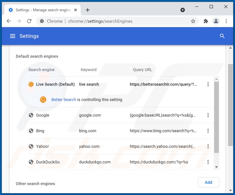 Suppression de bettersearchtr.com du moteur de recherche par défaut de Google Chrome
