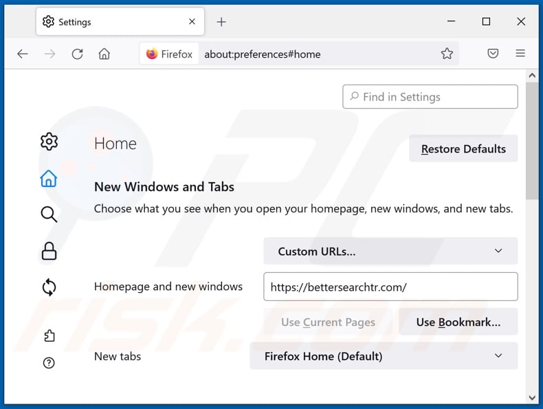 Suppression de bettersearchtr.com de la page d'accueil de Mozilla Firefox