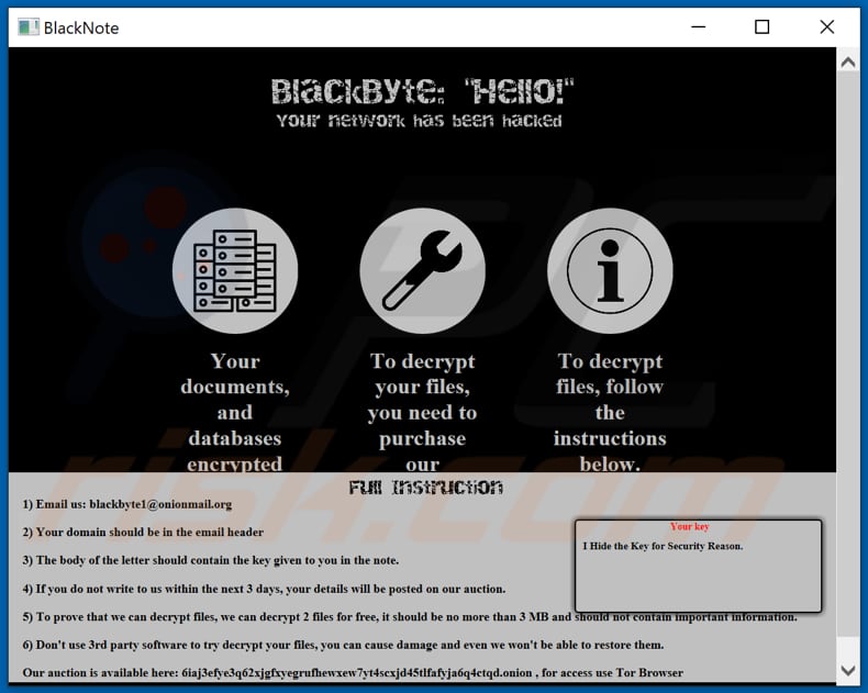 Instructions de décryptage BlackByte (BlackByte_restoremyfiles.hta)