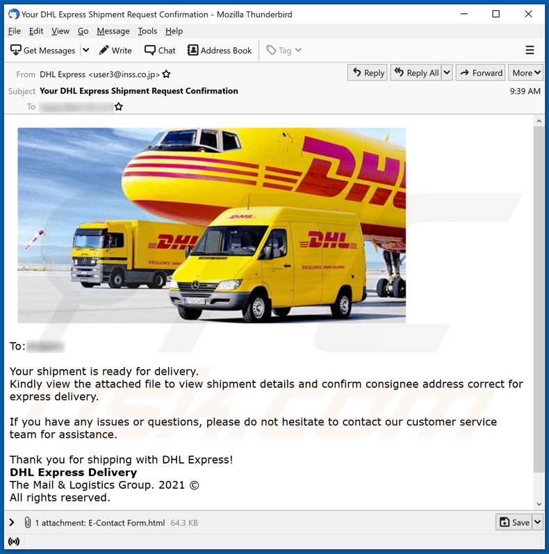 Campagne de spam par e-mail de confirmation d'expédition DHL Express