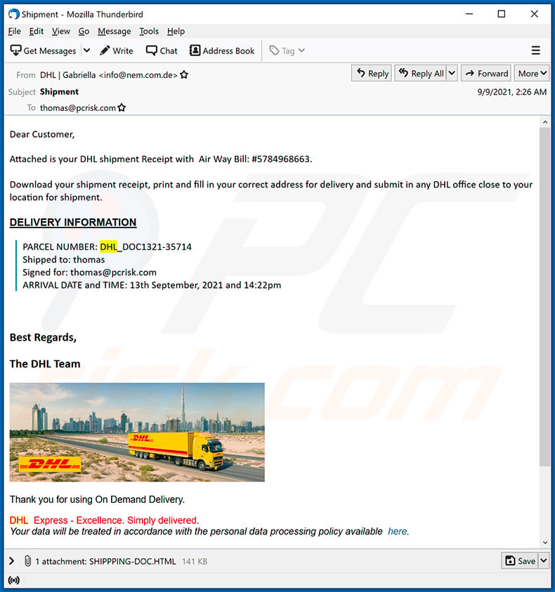 Courriel de confirmation d'expédition DHL Express (2021-09-10)