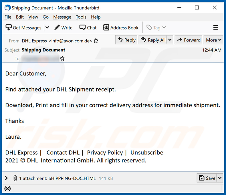 E-mail de spam sur le thème de DHL Express faisant la promotion d'un document HTML de phishing (2021-09-07)