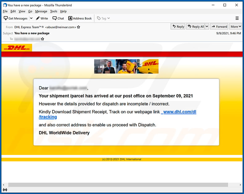 E-mail de spam sur le thème de DHL Express faisant la promotion d'un site de phishing (2021-09-10)