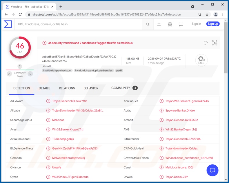 Détections de logiciels malveillants DoppelDridex sur VirusTotal