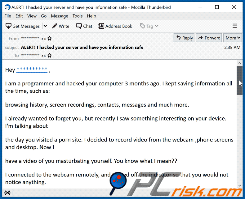 Je suis programmeur et j'ai piraté votre ordinateur il y a 3 mois apparence d'email frauduleux (GIF)