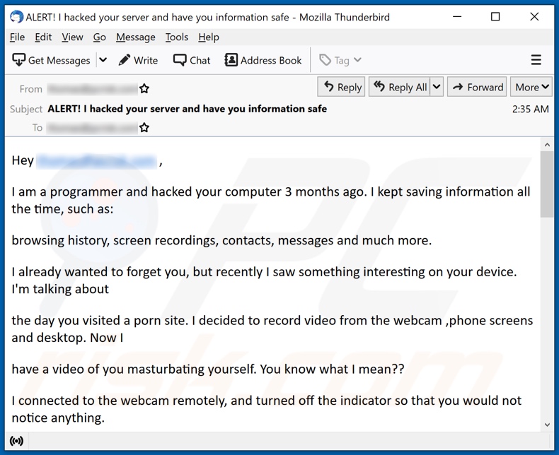 Je suis programmeur et j'ai piraté votre ordinateur il y a 3 mois campagne de spam par e-mail