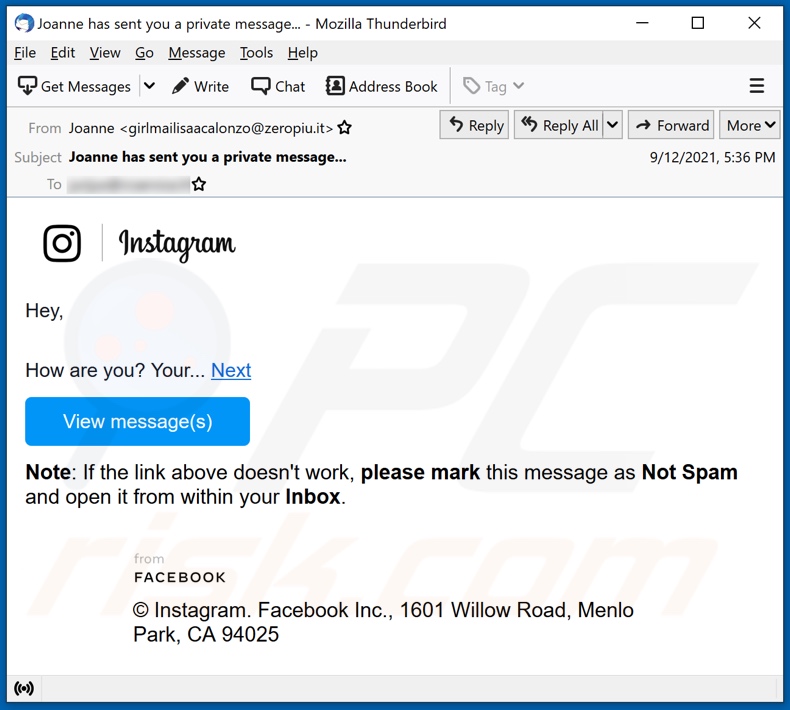 Campagne de spam par e-mail sur Instagram