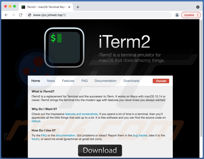 Site Web frauduleux utilisé pour promouvoir le malware iTerm2