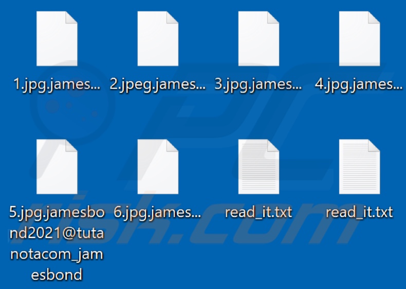 Fichiers chiffrés par le ransomware JamesBond (extension .jamesbond2021@tutanotacom_jamesbond)