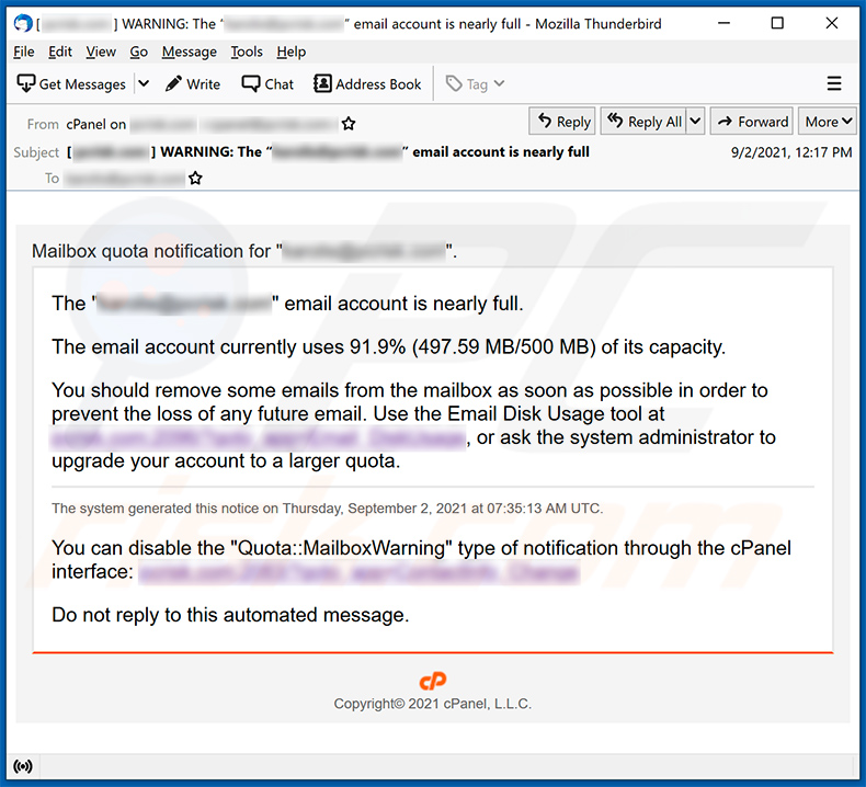 Courrier indésirable sur le thème de la capacité de la boîte aux lettres faisant la promotion d'un site de phishing (2021-09-10)