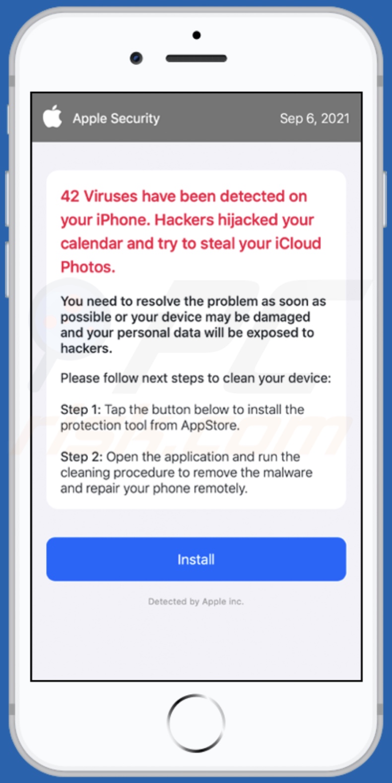 Logiciel malveillant détecté!  iPhone doit être réparé page d'arrière-plan de l'arnaque