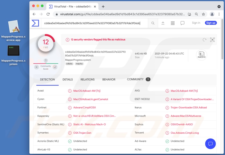 Détections de logiciels publicitaires MapperProgress sur VirusTotal