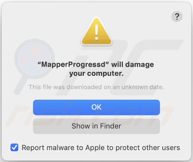 Pop-up affiché lorsque le logiciel publicitaire MapperProgress est détecté sur le système