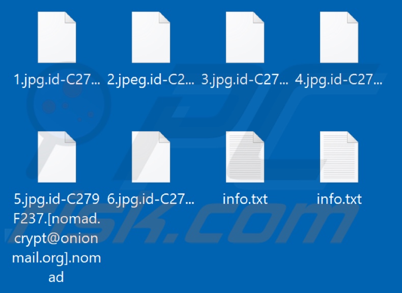 Fichiers cryptés par Nomad ransomware (extension .nomad)