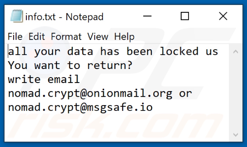 Fichier texte nomade ransomware (info.txt)