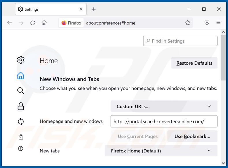 Suppression de searchconvertersonline.com de la page d'accueil de Mozilla Firefox