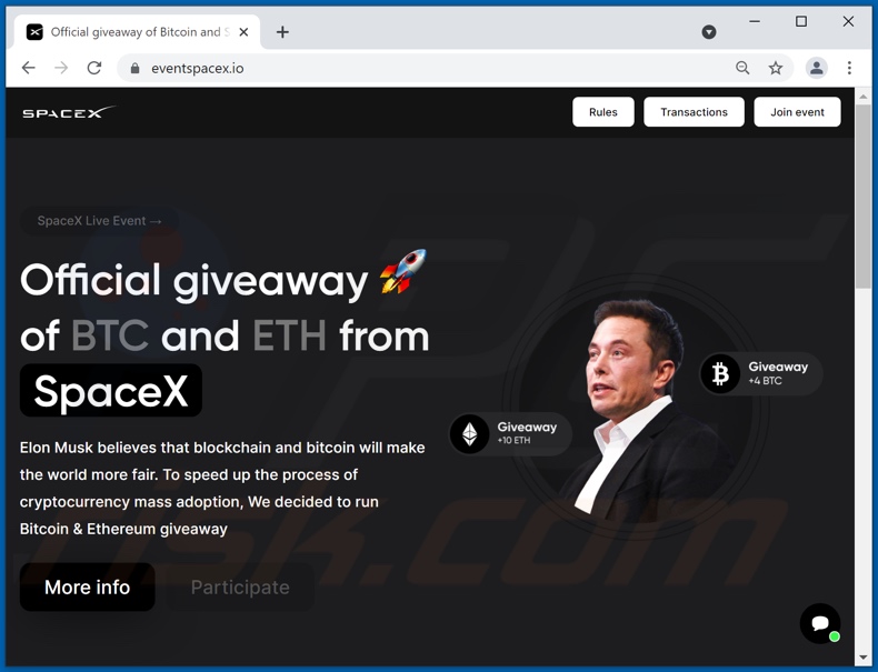 Arnaque aux cadeaux SpaceX BTC et ETH