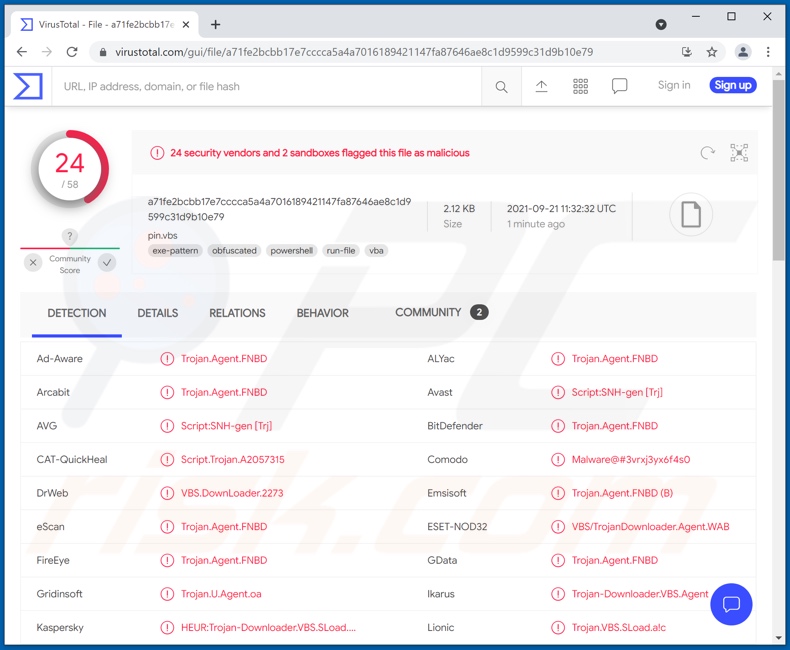 Détections de logiciels malveillants Squirrelwaffle sur VirusTotal