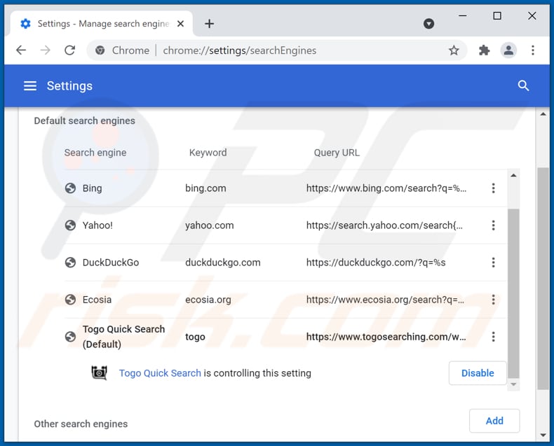 Suppression de togosearching.com du moteur de recherche par défaut de Google Chrome