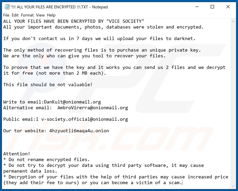 Instructions de décryptage de VICE SOCIETY (!!! TOUS VOS FICHIERS SONT CRYPTÉS !!!.TXT)