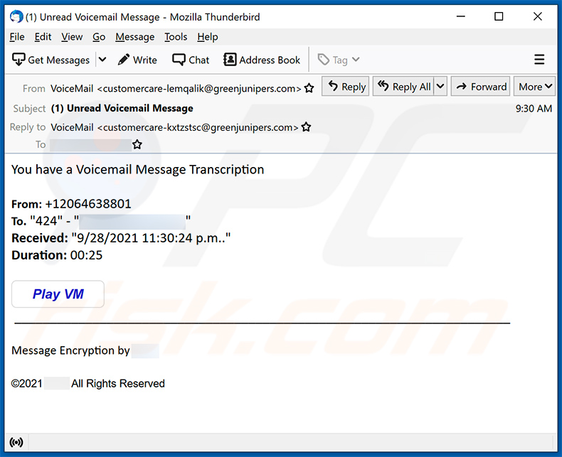 E-mail de spam sur le thème de la messagerie vocale faisant la promotion d'un site d'hameçonnage (2021-09-29)