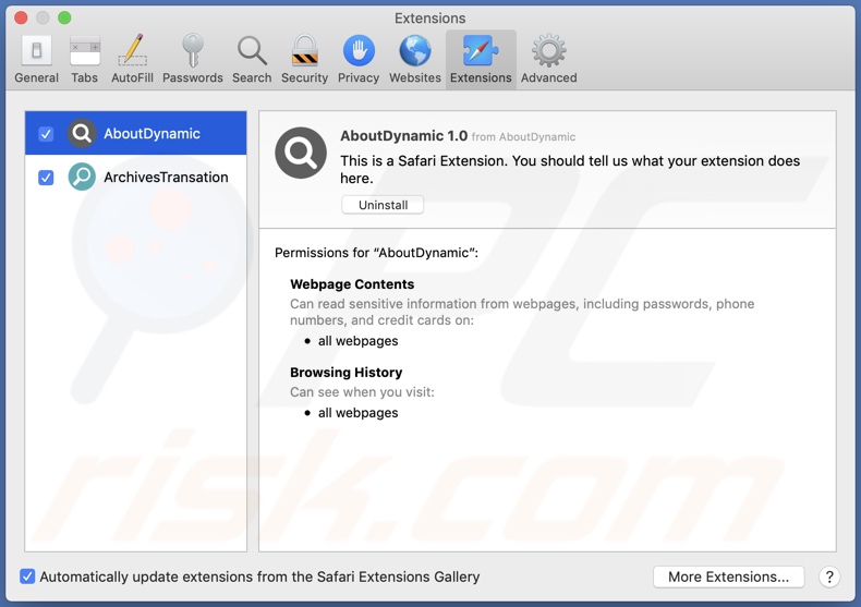 AboutDynamic adware installé sur Safari