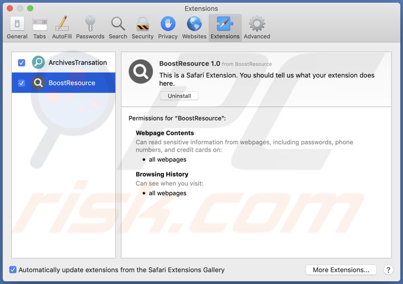 adware boostresource installé sur safari