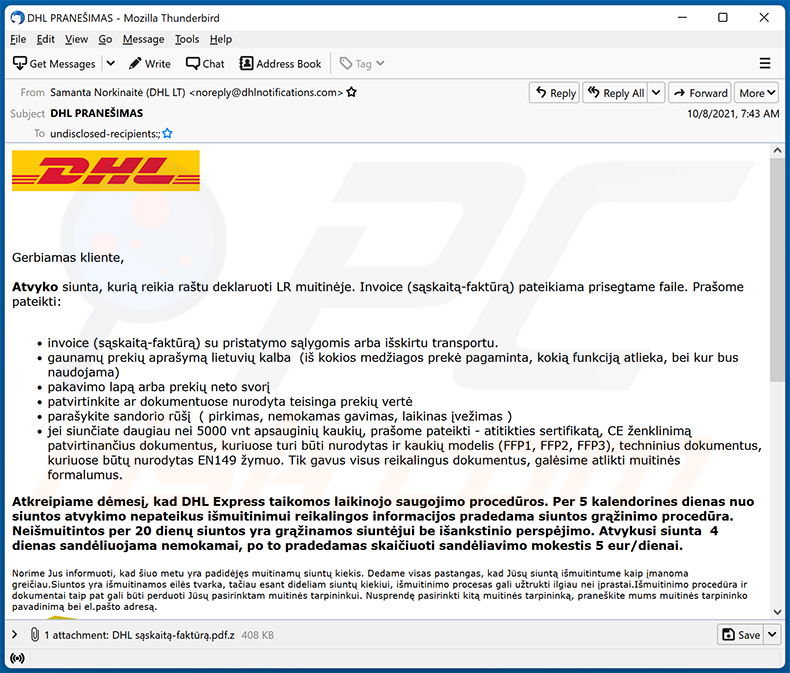 Variante lituanienne du courrier indésirable sur le thème de DHL Express