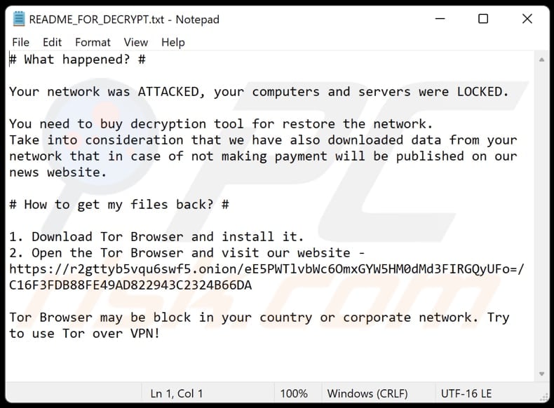 Fichier texte du ransomware Diavol (README_FOR_DECRYPT.txt)