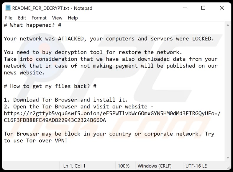 Fichier texte du ransomware Diavol (README_FOR_DECRYPT.txt)