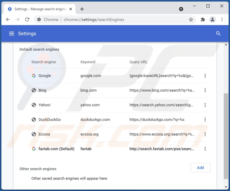 Suppression de favtab.com du moteur de recherche par défaut de Google Chrome