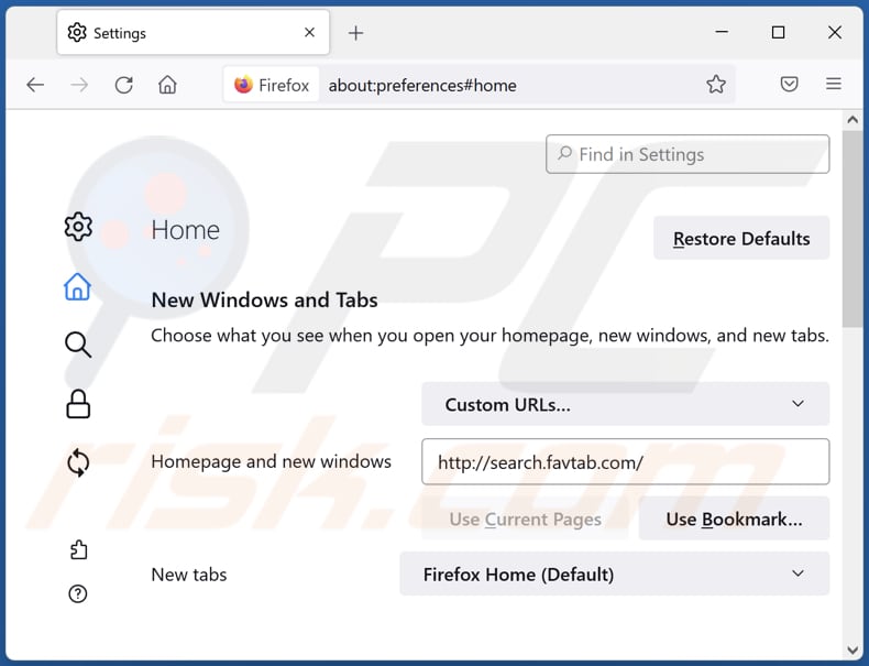 Suppression de favtab.com de la page d'accueil de Mozilla Firefox
