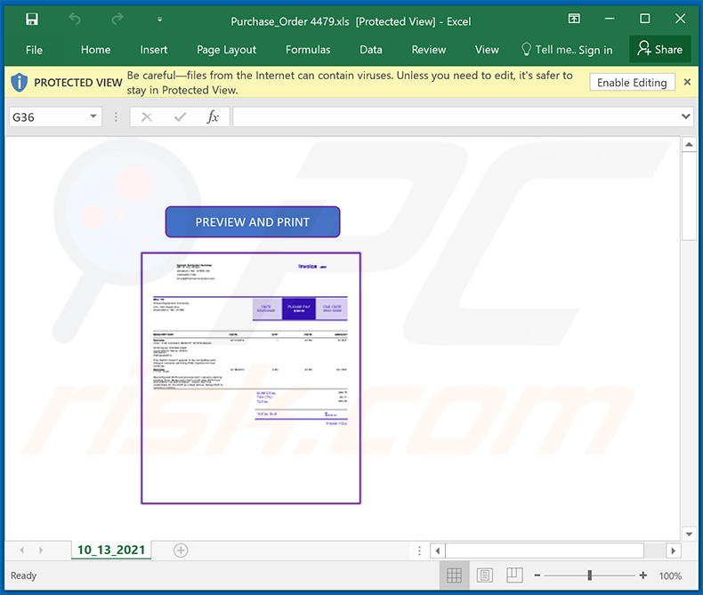 Document MS Excel malveillant distribué via un courrier indésirable sur le thème de la facture (2021-10-14)