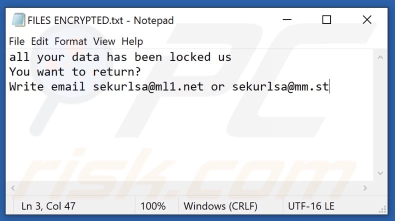 Fichier texte du ransomware Lsas (FILES ENCRYPTED.txt)
