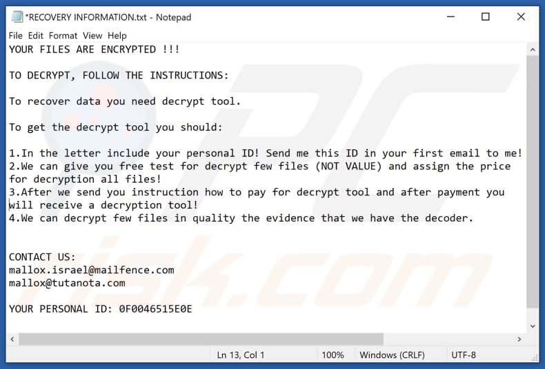 Instructions de décryptage Mallox (RECOVERY INFORMATION.txt)